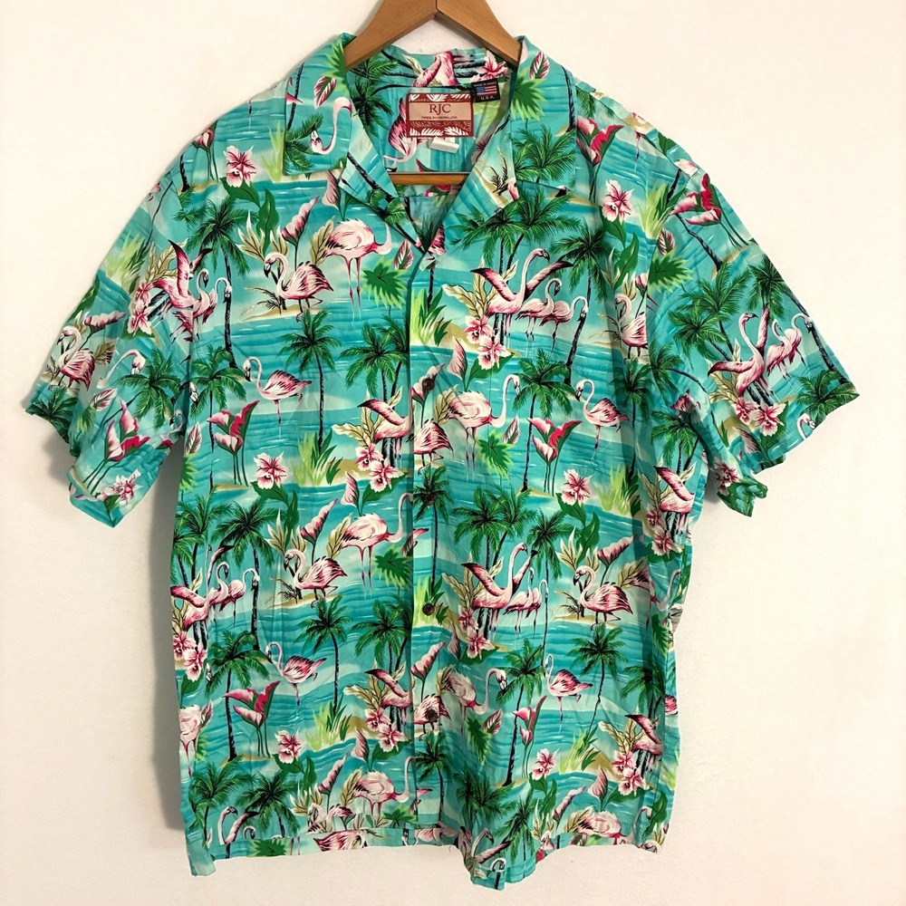 Vintage RJC Hawaiian USA Made Shirt Men's 2XL Flamingo Button Up Resort Tropical